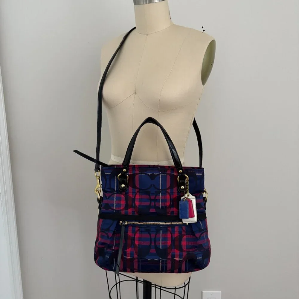 Coach Poppy 2way Shoulder Bag Red Blue Tartan Plaid Signature Canvas Patent Trim
